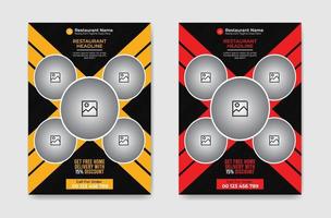 Red, Yellow and Black Color Modern, Creative, Eye Catching and Professional Restaurant Food Flyer Template Design Rectangle and Circle Layout Vector