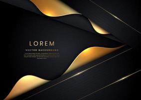 Abstract 3D luxury template shiny black background with lines curved shape overlap golden glowing sparkle. vector