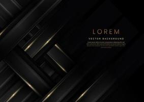 Abstract 3D grey and black luxury geometric diagonal overlapping shiny black background with lines golden glowing with copy space for text. vector