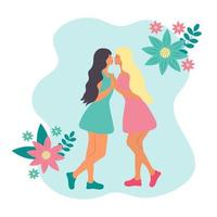Two beautiful girlfriends kissing. Lesbian kissing and flowers around them. Sweeyheart couple together. LGBT girls. vector