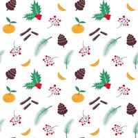 Winter seamless pattern with cone, berry, holly, branch, tangerine and cinnamon. vector