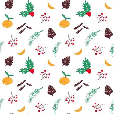 Winter seamless pattern with cone, berry, holly, branch, tangerine and cinnamon.