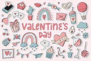 Set of 32 Valentine's day stickers with white edge isolated on pink background. Good for posters, cards, prints, tags, signs, clipart, etc. EPS 10 vector