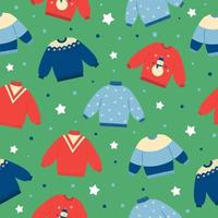 Seamless pattern of warm colorful sweaters  on green background. Winter or autumn clothing background. Doodle style vector