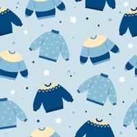 Seamless pattern of warm sweaters in blue colors on blue background. Winter or autumn clothing background. Doodle style vector