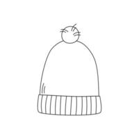 Winter hat. Knit wool beanie with pompom. Doodle style. Line art vector