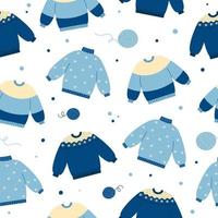 Seamless pattern of warm sweaters in blue colors on white background. Winter or autumn clothing background. Doodle style vector