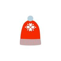 Red winter hat. Knit wool beanie with pompom. Doodle style. vector