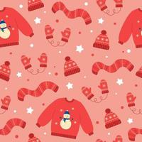 Seamless pattern of red winter hat, mittens, scarf and sweater. Winter elements on pink background. Doodle style vector