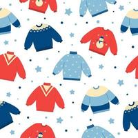 Seamless pattern of warm colorful sweaters  on white background. Winter or autumn clothing background. Doodle style vector