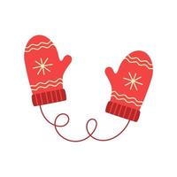 Pair of warm winter mittens on string. Knit wool doodle gloves. Children clothes accessory vector