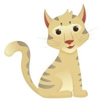 Cute cartoon cat sitting. White kitty with gray spots. Teenage character with big eyes. Flat vector illustration