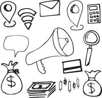 Location, envelop, calculator, Megaphone, Money, Candle Sticks, Speech Bubble, Search, Zoom Hand Drawn Doodles vector