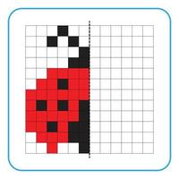 Picture reflection educational game for kids. Learn to complete symmetry worksheets for preschool activities. Coloring grid pages, visual perception and pixel art. Finish the flying red ladybug. vector