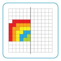 Picture reflection educational game for kids. Learn to complete symmetry worksheets for preschool activities. Coloring grid pages, visual perception and pixel art. Complete the rainbow image. vector