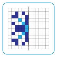 Picture reflection educational game for kids. Learn to complete symmetry worksheets for preschool activities. Coloring grid pages, visual perception and pixel art. Finish the snowflake ornament. vector