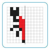 Picture reflection educational game for kids. Learn to complete symmetry worksheets for preschool activities. Coloring grid pages, visual perception and pixel art. Complete the red scorpion image. vector