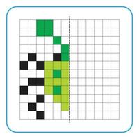 Picture reflection educational game for kids. Learn to complete symmetry worksheets for preschool activities. Coloring grid pages, visual perception and pixel art. Finish the green ladybug. vector