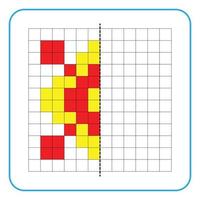 Picture reflection educational game for kids. Learn to complete symmetry worksheets for preschool activities. Coloring grid pages, visual perception and pixel art. Finish the flower floral ornament. vector