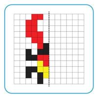 Picture reflection educational game for kids. Learn to complete symmetry worksheets for preschool activities. Coloring grid pages, visual perception and pixel art. Finish the red horned insect. vector