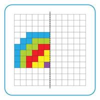 Picture reflection educational game for kids. Learn to complete symmetry worksheets for preschool activities. Coloring grid pages, visual perception and pixel art. Complete the rainbow image. vector