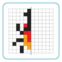 Picture reflection educational game for kids. Learn to complete symmetry worksheets for preschool activities. Coloring grid pages, visual perception and pixel art. Complete the horned insect. vector