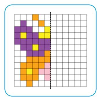 Picture reflection educational game for kids. Learn to complete symmetry worksheets for preschool activities. Coloring grid pages, visual perception and pixel art. Complete the colorful moth image. vector