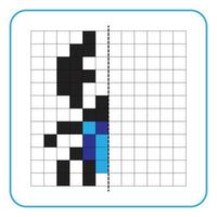 Picture reflection educational game for kids. Learn to complete symmetry worksheets for preschool activities. Coloring grid pages, visual perception and pixel art. Finish the blue horned beetle. vector
