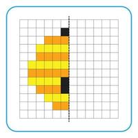 Picture reflection educational game for kids. Learn to complete symmetry worksheets for preschool activities. Coloring grid pages, visual perception and pixel art. Finish the wasp or honey bee nest. vector