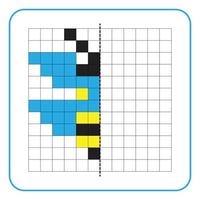 Picture reflection educational game for kids. Learn to complete symmetry worksheets for preschool activities. Coloring grid pages, visual perception and pixel art. Finish the honey bee insect. vector