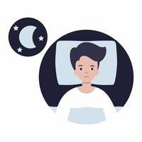 el hombre está acostado en la cama y sufre de insomnio. problemas de salud. alteración del sueño. vector