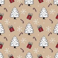 New Year and Christmas. Seamless background for print fabric and packag  paper.Spruce tree, gift and sugar cane. Christmas tree in style doodle. vector