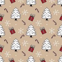 New Year and Christmas. Seamless background for print fabric and packag  paper.Spruce tree, gift and sugar cane. Christmas tree in style doodle. vector