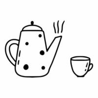 Cute teapot and cup in doodle style. Coloring book for kids. Vector contour drawing.