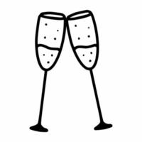 Glass champagne or wine. Vector illustration New Year and Christmas holidays. Birthday party. Doodle icon.