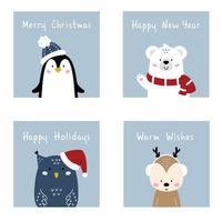 establecer postales de año nuevo y navidad. cartel de animales lindos. pingüino, oso polar y búho. reno. vector