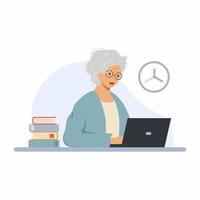 abuela feliz con laptop. anciana está tomando un curso en línea. aprendizaje a distancia para todas las edades. vector