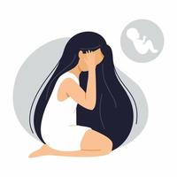 Young woman is sitting on floor and crying. Infertility, miscarriage and pregnancy problems. Women health. vector