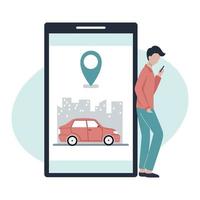 El hombre pide un taxi a través de un teléfono inteligente. carsharing y alquiler de coches. Solicitud en línea para llamada automática. vector