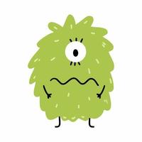 Sad green monster with smile. Vector illustration doodle. Sticker for postcard. Printing on clothes.