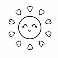 dulce sol con sonrisa y rayos en forma de corazones. icono de vector en estilo doodle.