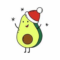 Cute avocado catches snowflakes. Character Santa Claus hat. Vector illustration New Year and Christmas. Postcard design.