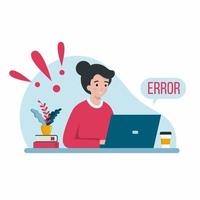 Sad woman working on laptop from home. Error message. Vector cartoon character.