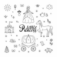 Inscription little princess. Set with doodle elements. Girl, horse and carriage. Coloring book for girl. vector