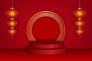 chinese new year background with red lanterns and stage vector