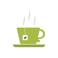 Green cup and saucer-flat icon.A mug with a tea bag and a green leaf. A cup of steamed green tea. vector