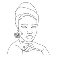 línea de arte minimalista afroamericano. dibujo de contorno de una mujer. delinear a las chicas con un pañuelo en la cabeza. vector