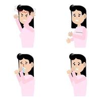 A set of images with signs of illness.The girl has a cough,sneezing, runny nose, headache, fever.Virus, cold.Information for notifying people.Vector illustration vector