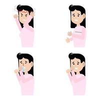 A set of images with signs of illness.The girl has a cough,sneezing, runny nose, headache, fever.Virus, cold.Information for notifying people.Vector illustration vector