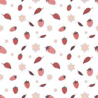 Strawberries with pink and red leaves and white flowers seamless pattern vector